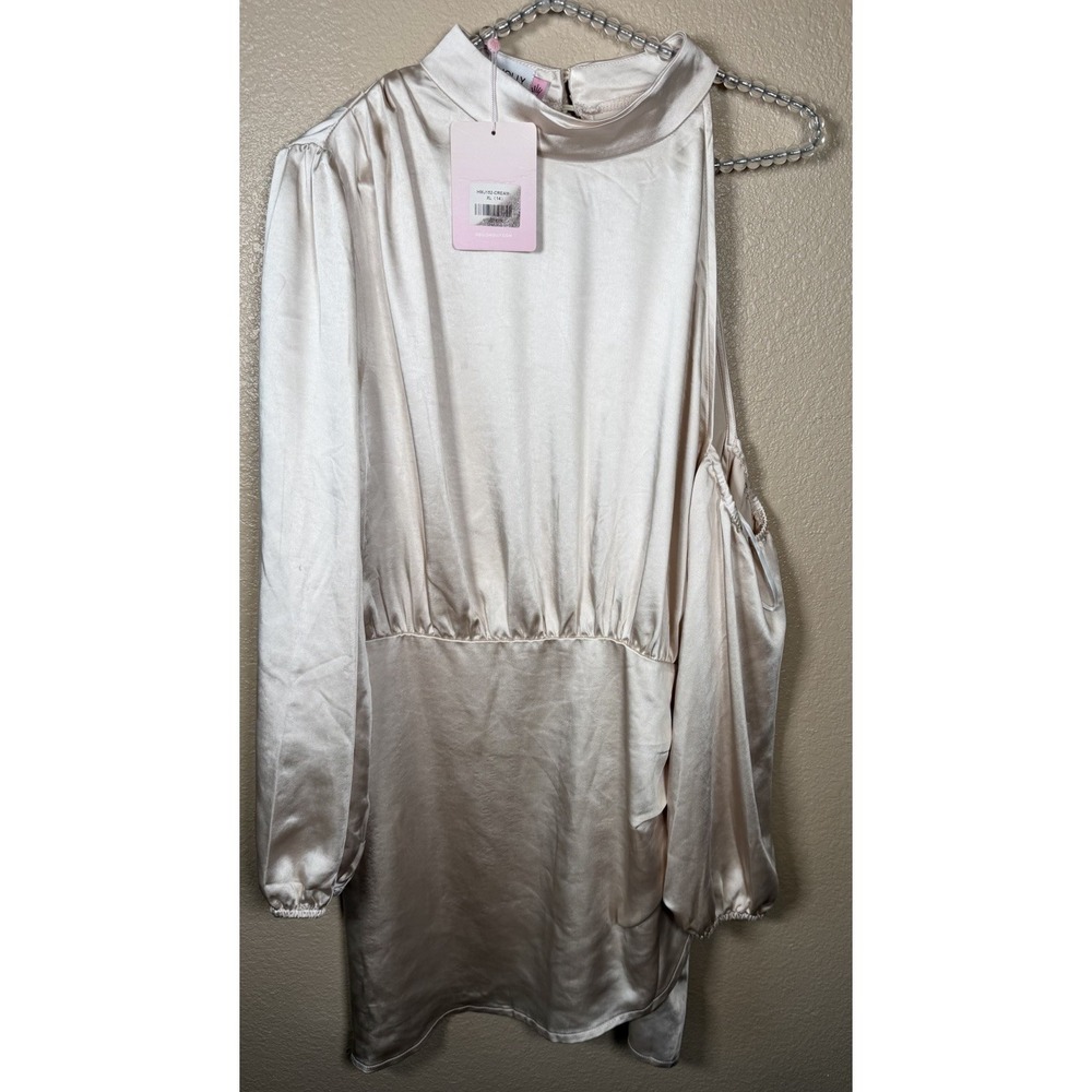 Hello Molly Satin Mini Dress Cream High Neck Long Sleeve NWT Women's‎ US 10